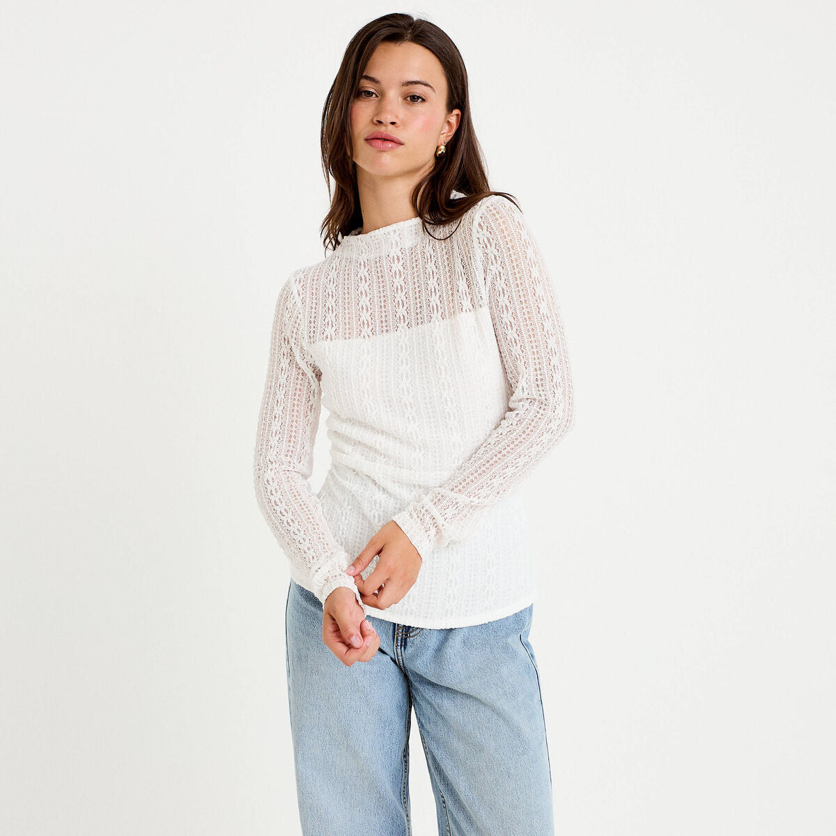 Top ajusté col montant dentelle ecru femme