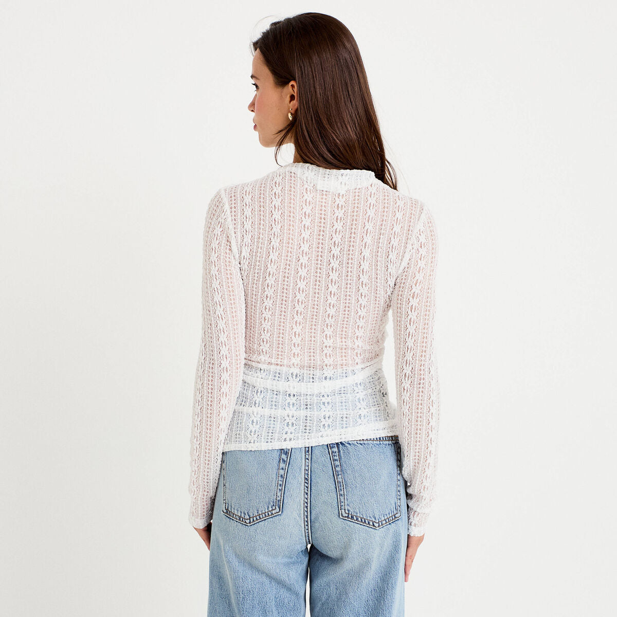 Top ajusté col montant dentelle ecru femme