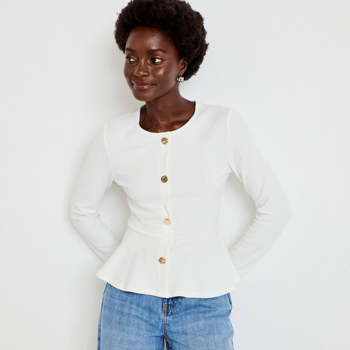 Top péplum ajusté manches longues ecru femme