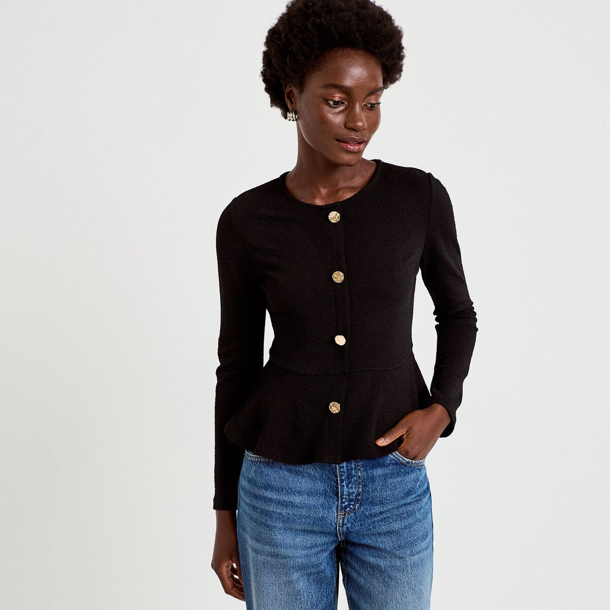 Top péplum ajusté manches longues noir femme