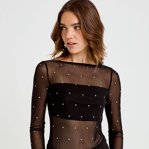 Body ajusté manches longues col bateau noir femme