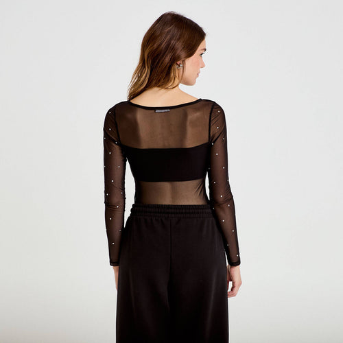 Body ajusté manches longues col bateau noir femme