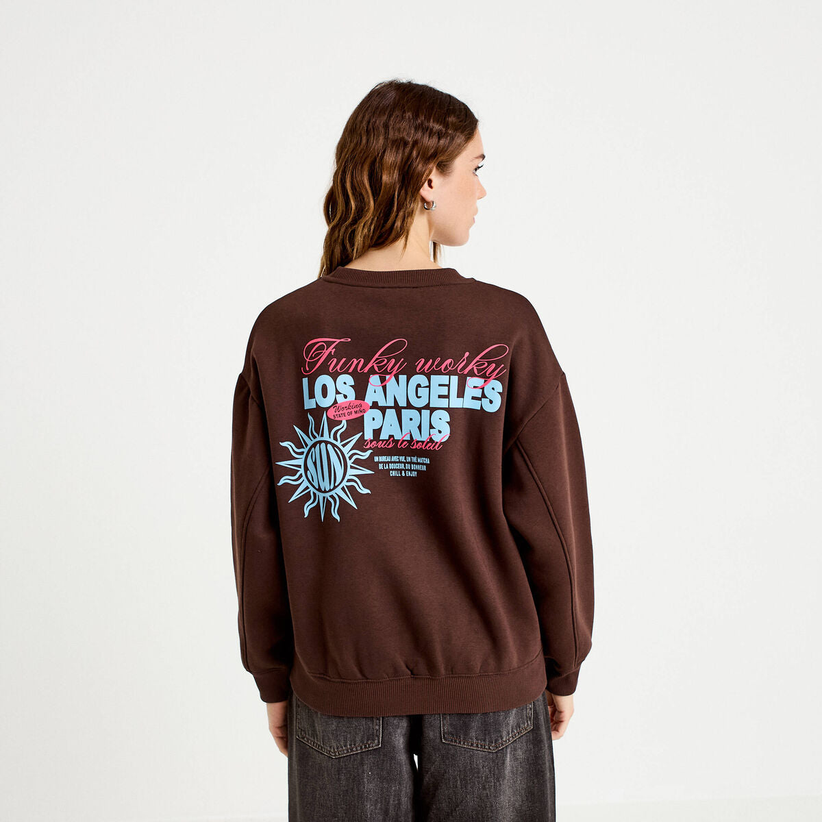 Sweat col rond manches longues marron foncé femme