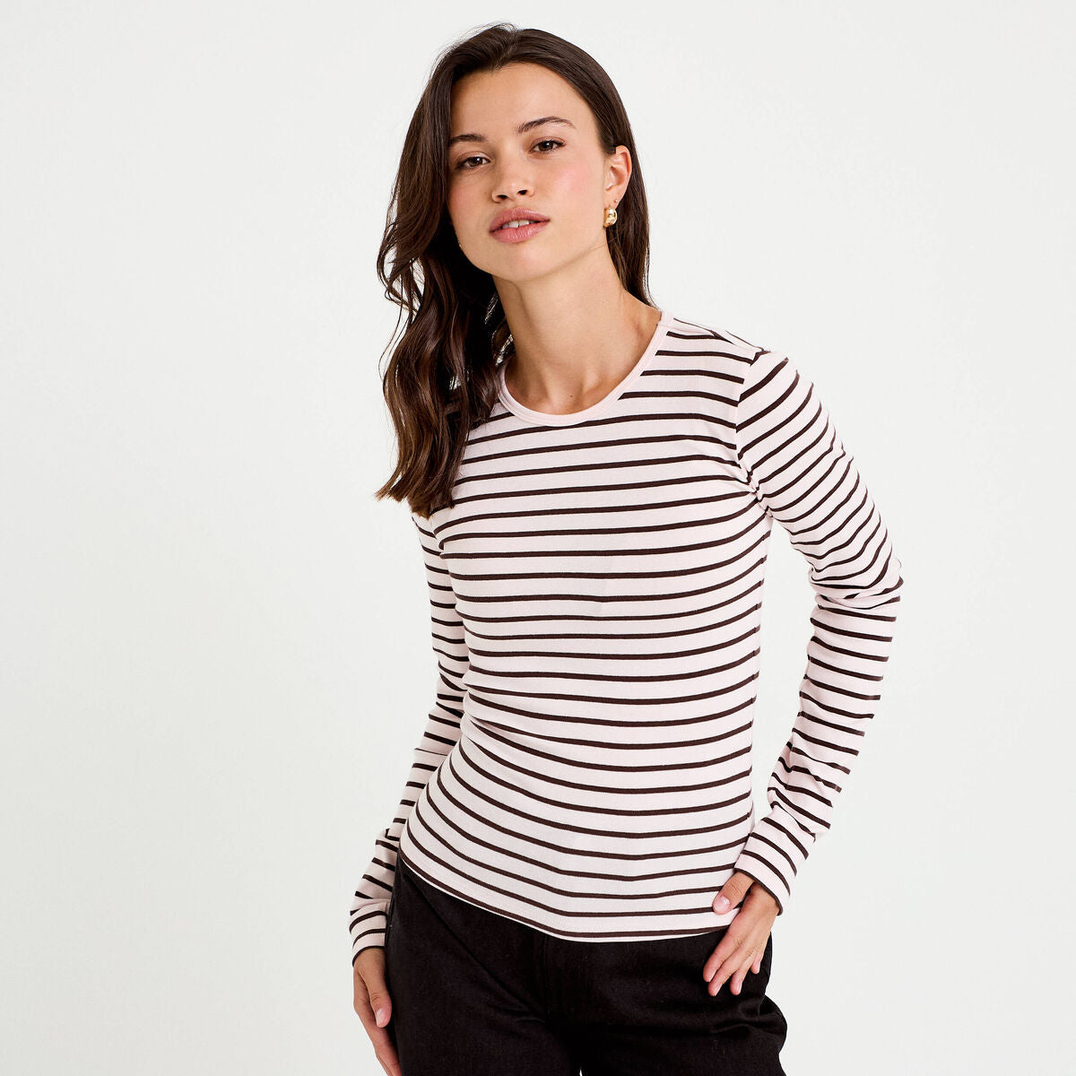 T-shirt ajusté col rond manches longues rose femme