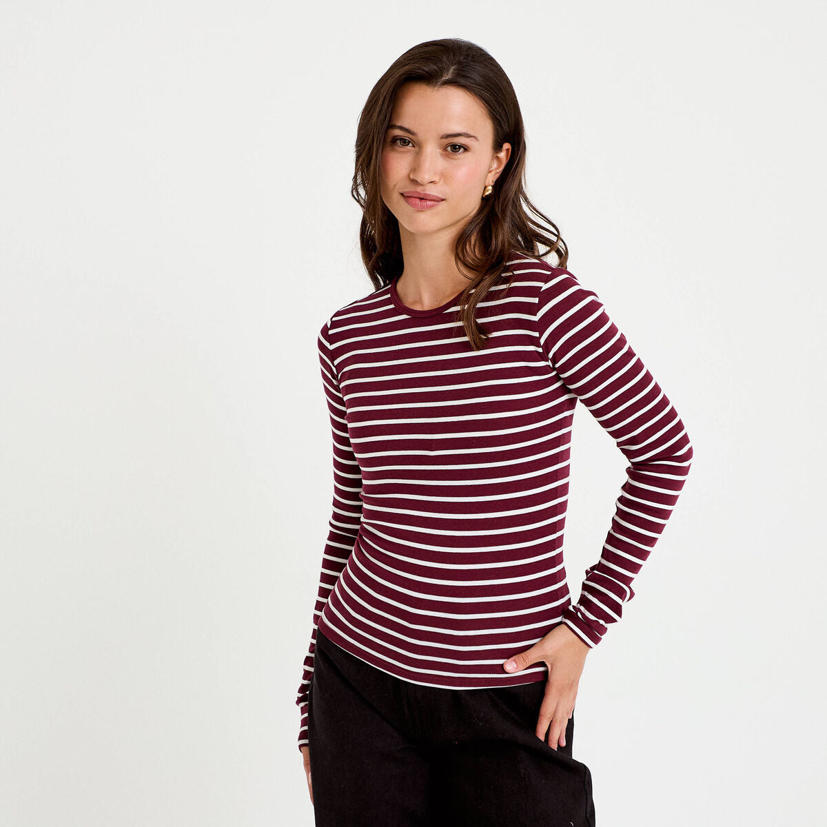 T-shirt ajusté col rond manches longues rose femme