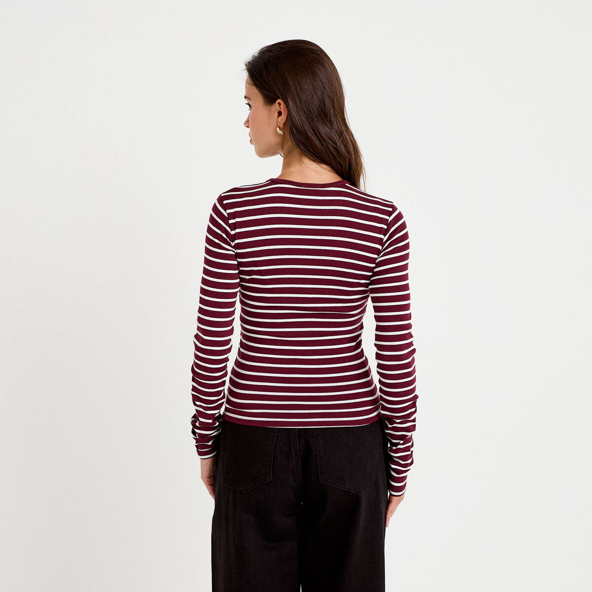 T-shirt ajusté col rond manches longues rose femme