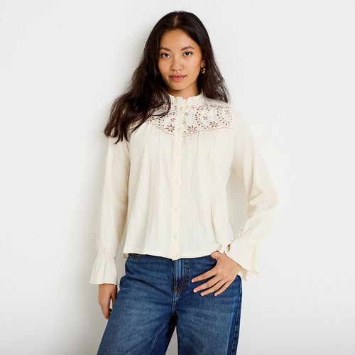 Blouse droite manches longues plissée ivoire femme