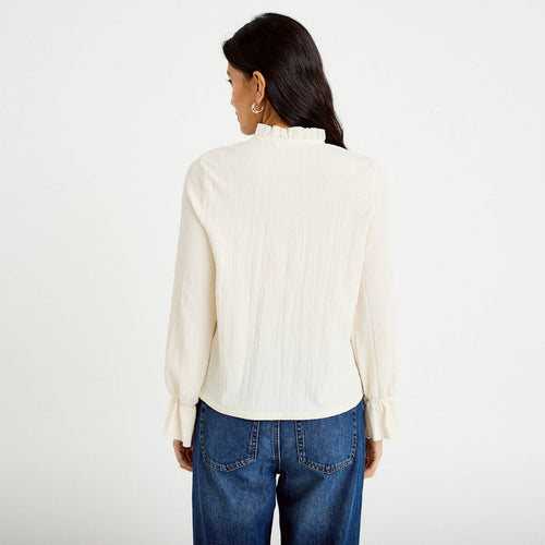 Blouse droite manches longues plissée ivoire femme