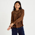 Blouse droite manches longues plissée marron femme