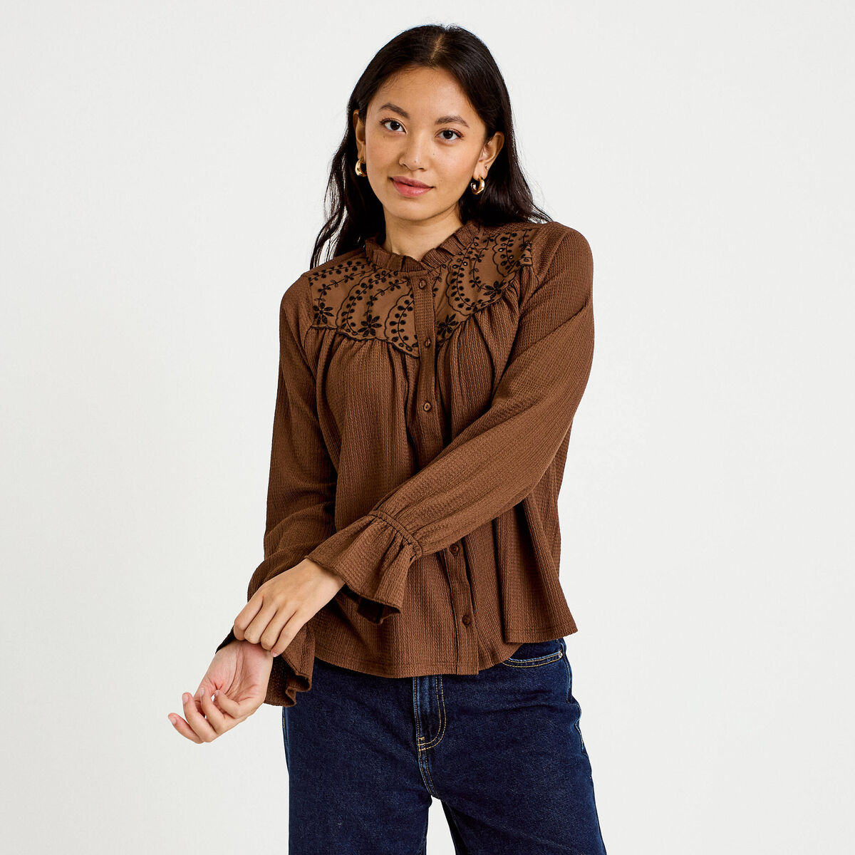 Blouse droite manches longues plissée marron femme