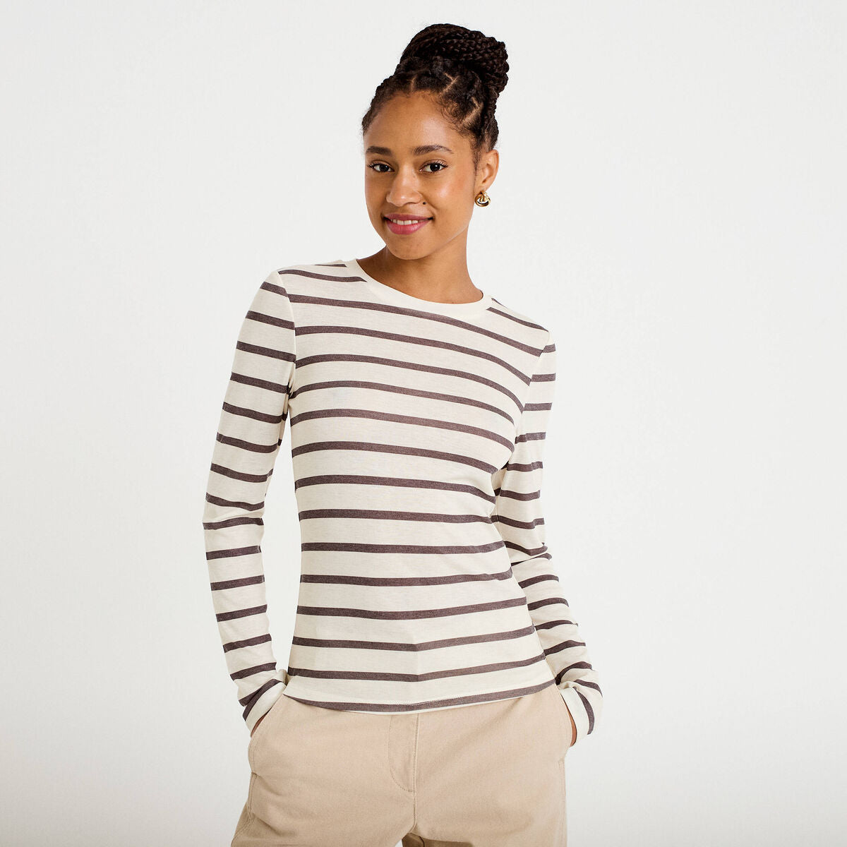T-shirt ajusté col rond manches longues ivoire femme