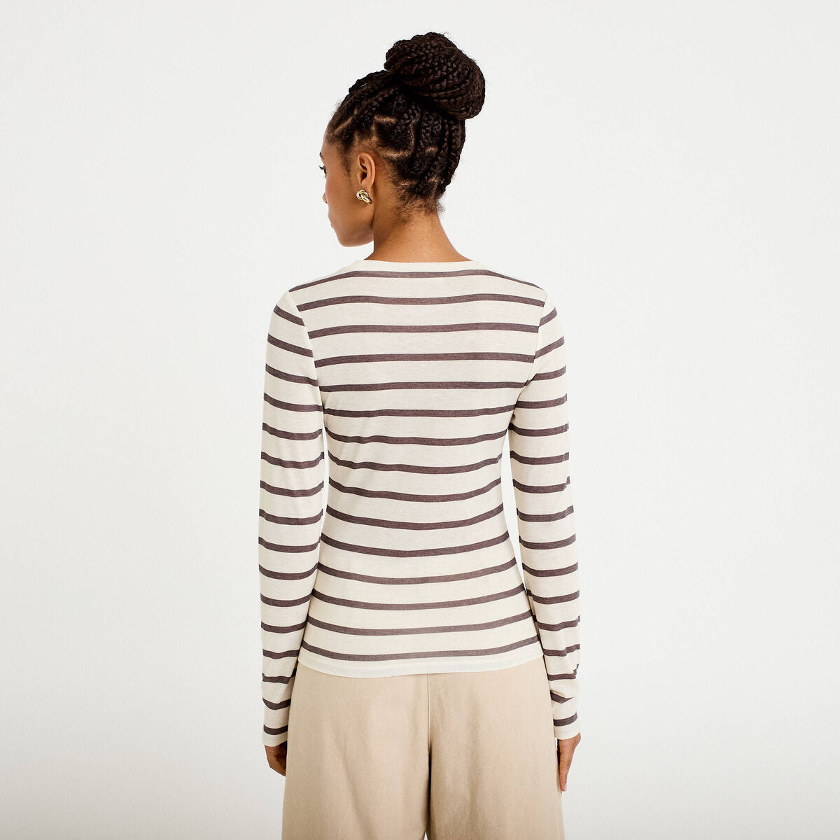 T-shirt ajusté col rond manches longues ivoire femme
