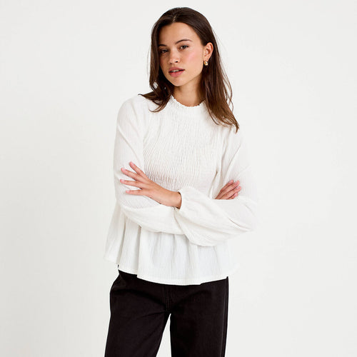 Blouse droite manches longues plissée ecru femme