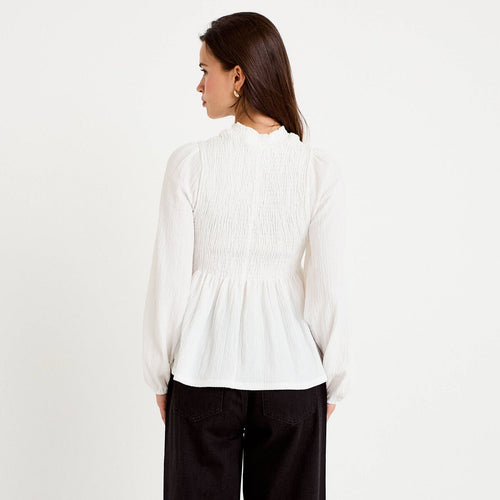 Blouse droite manches longues plissée ecru femme