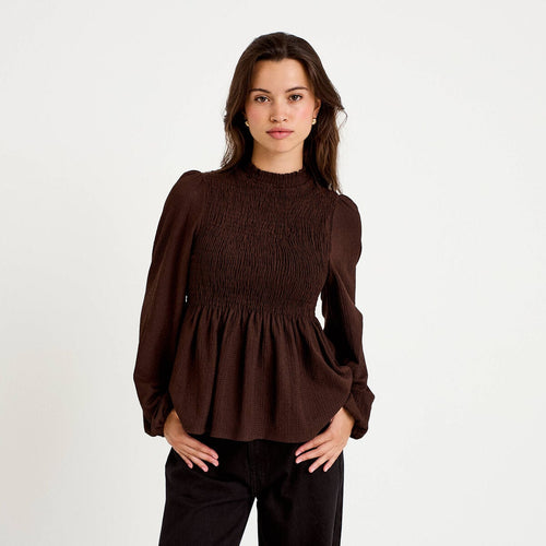 Blouse droite manches longues plissée marron foncé femme