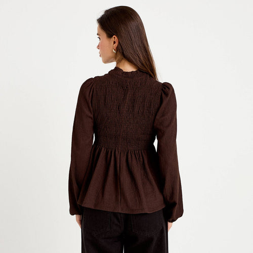 Blouse droite manches longues plissée marron foncé femme
