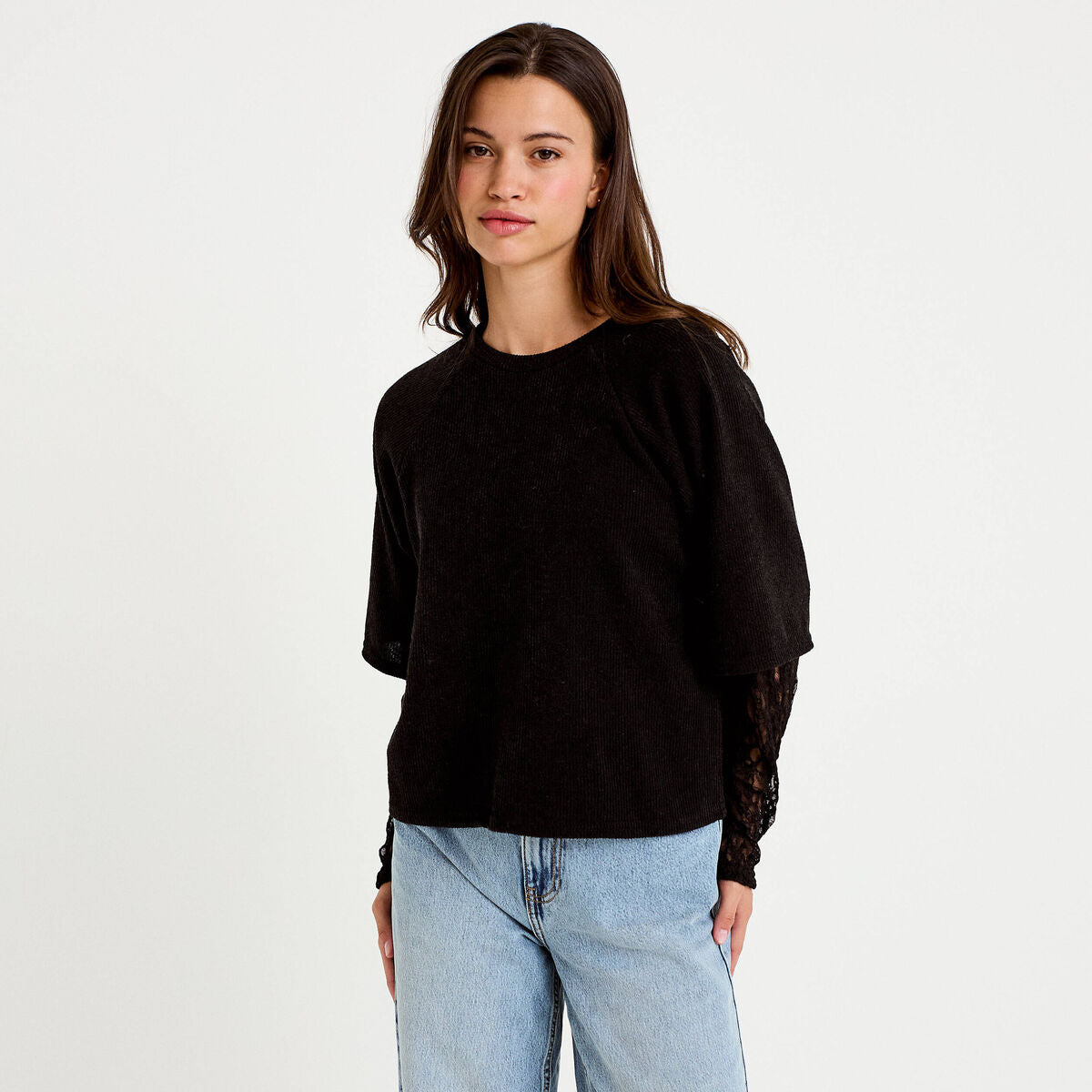 Top bi-matière dentelle col rond noir femme