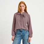 Blouse col montant manches longues rose femme