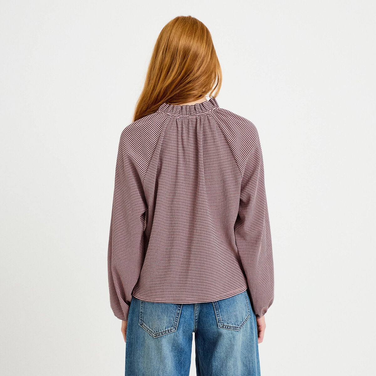 Blouse col montant manches longues rose femme