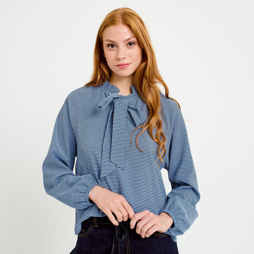 Blouse col montant manches longues bleu femme