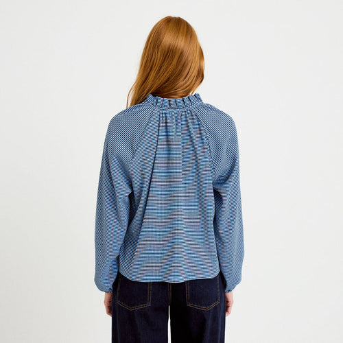 Blouse col montant manches longues bleu femme