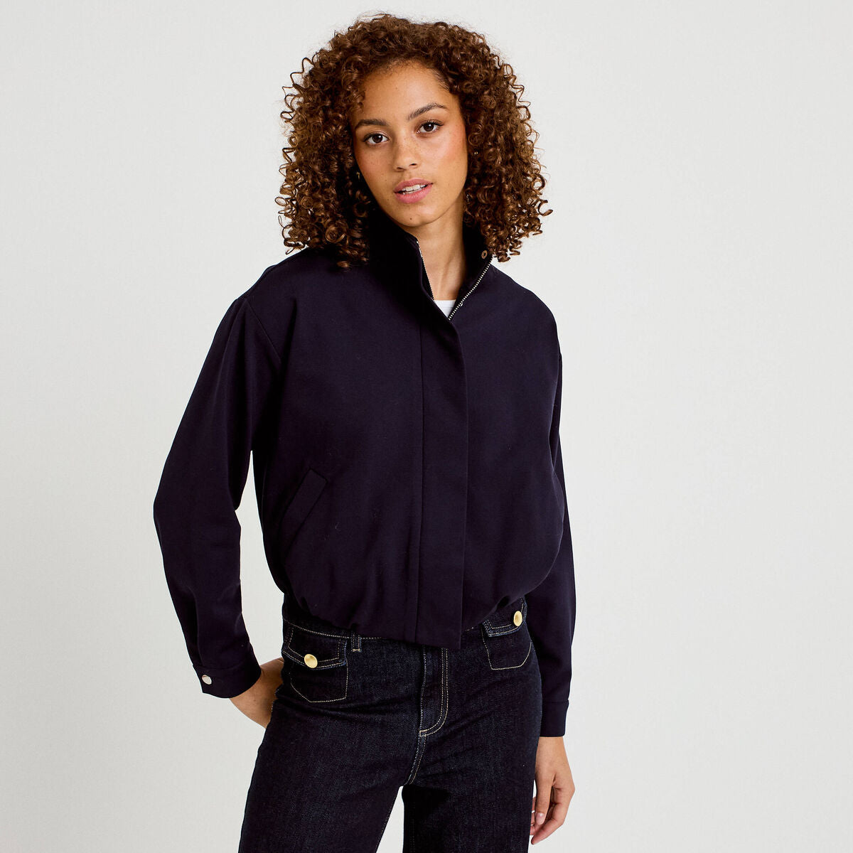 Veste cropped bas resserré bleu marine femme