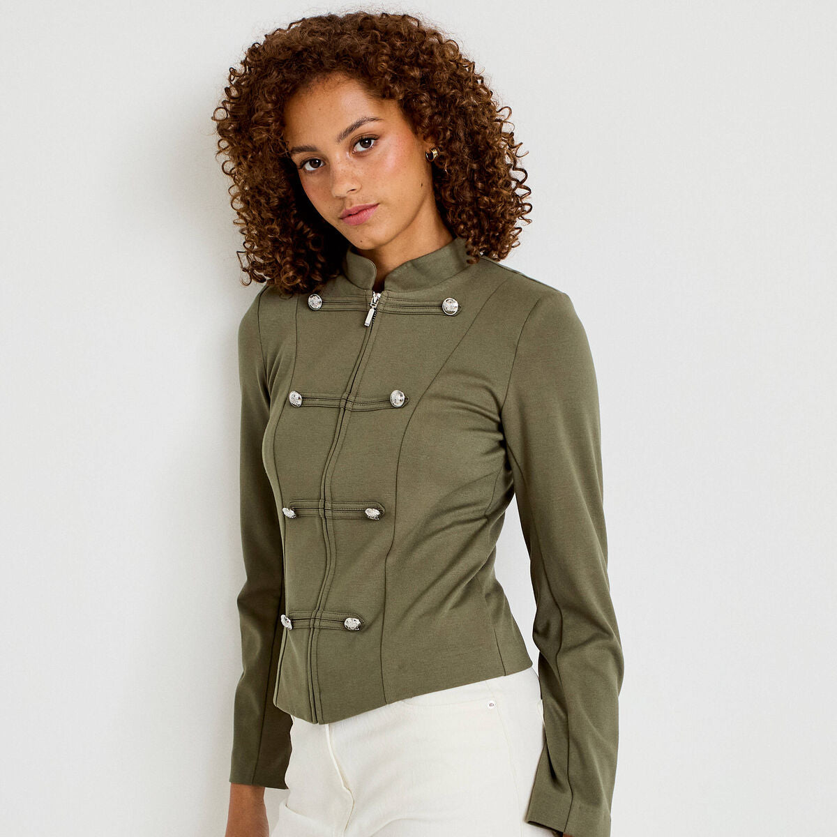 Veste ajustée manches longues vert kaki femme