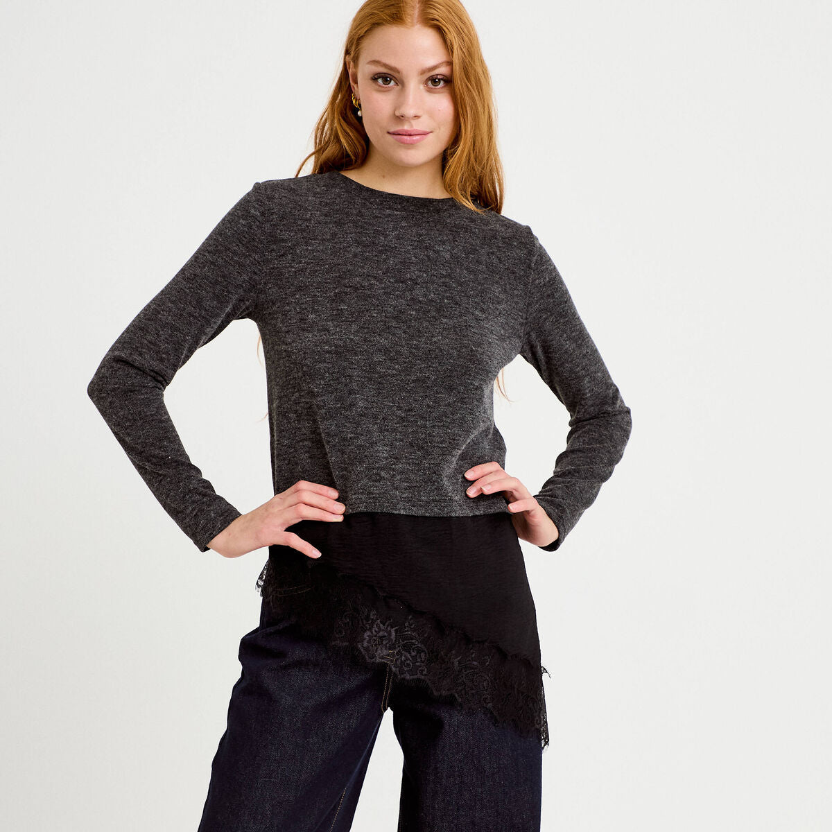 Pull manches longues gris foncé femme