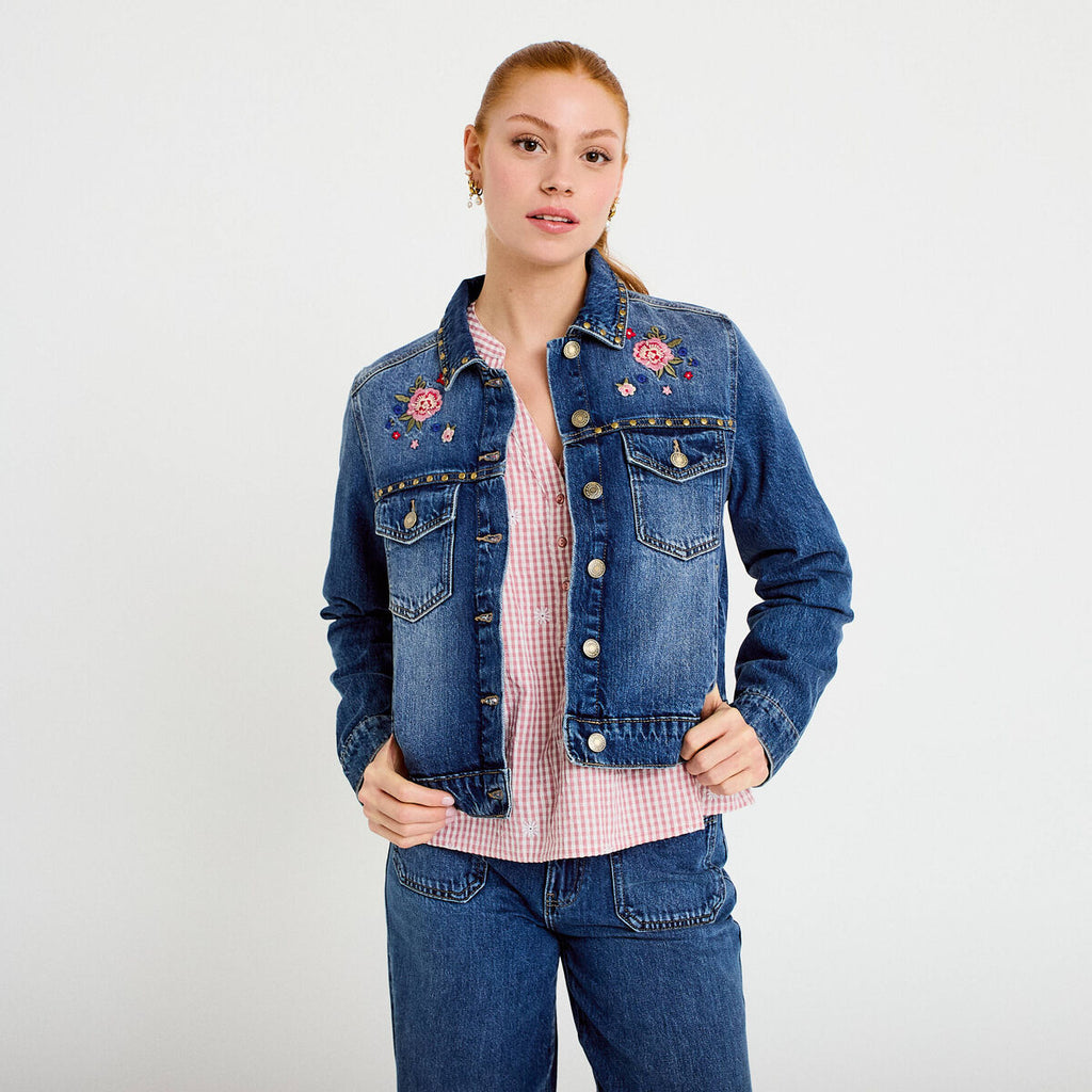 Veste en jean broderie détails cloutés denim double stone femme