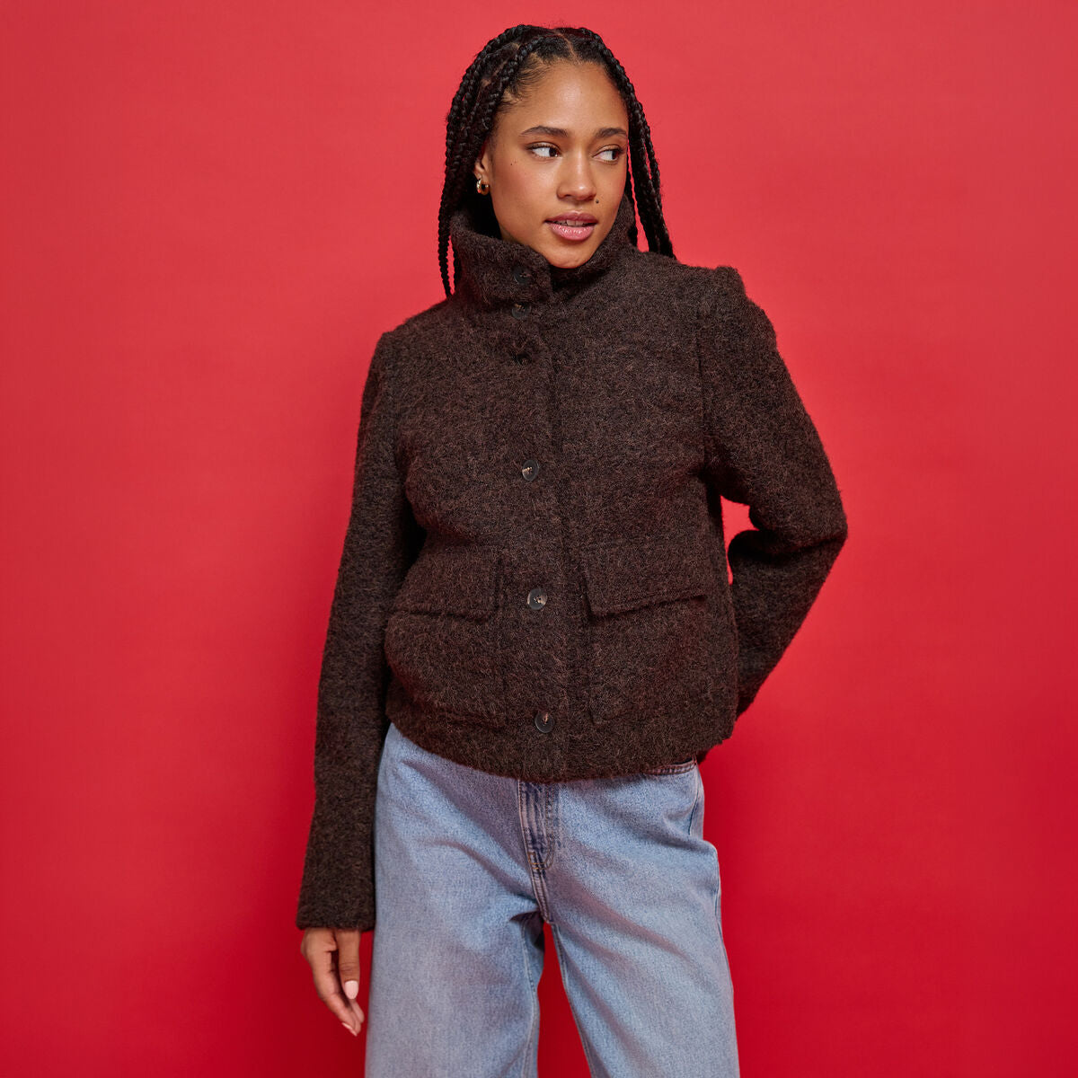 Veste droite bouclette col montant marron foncé femme
