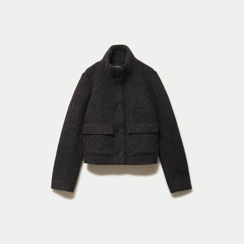 Veste droite bouclette col montant gris foncé femme