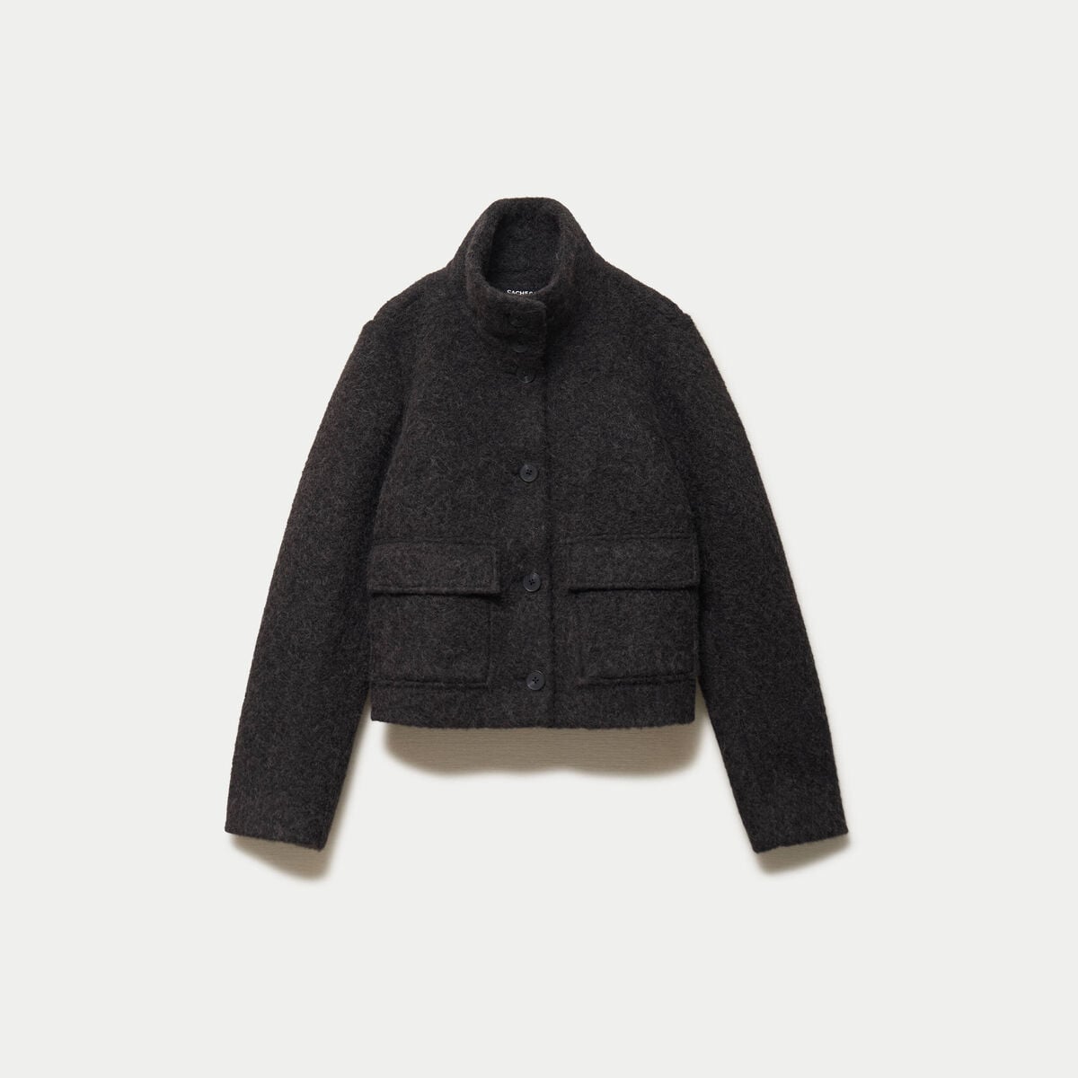 Veste droite bouclette col montant gris foncé femme