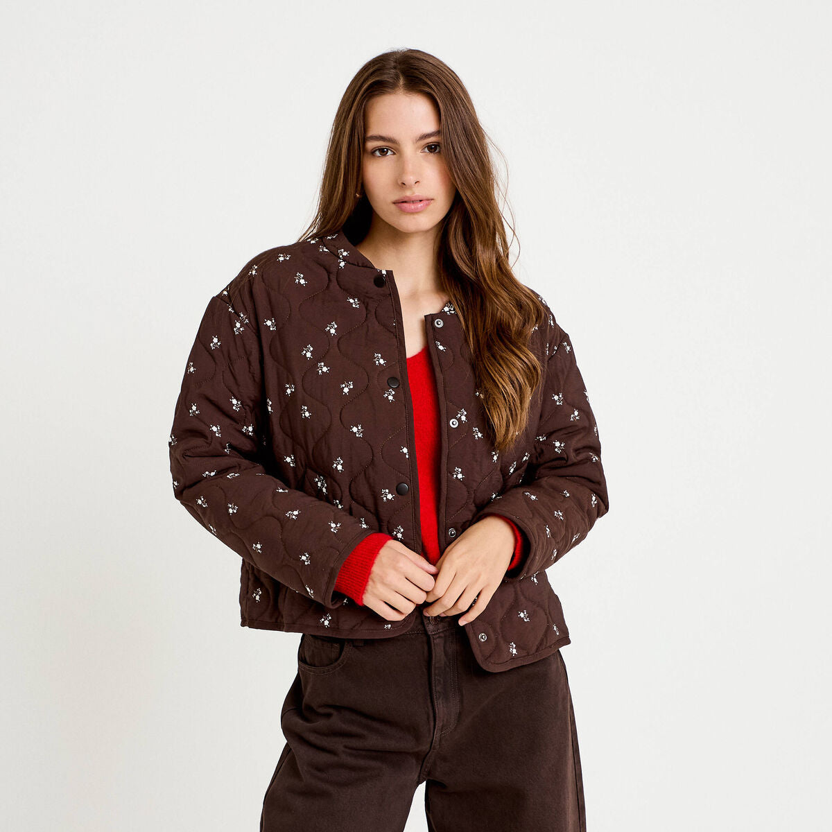 Veste droite manches longues marron foncé femme