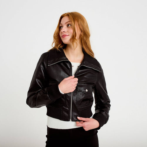 Bomber ajusté cropped similicuir noir femme