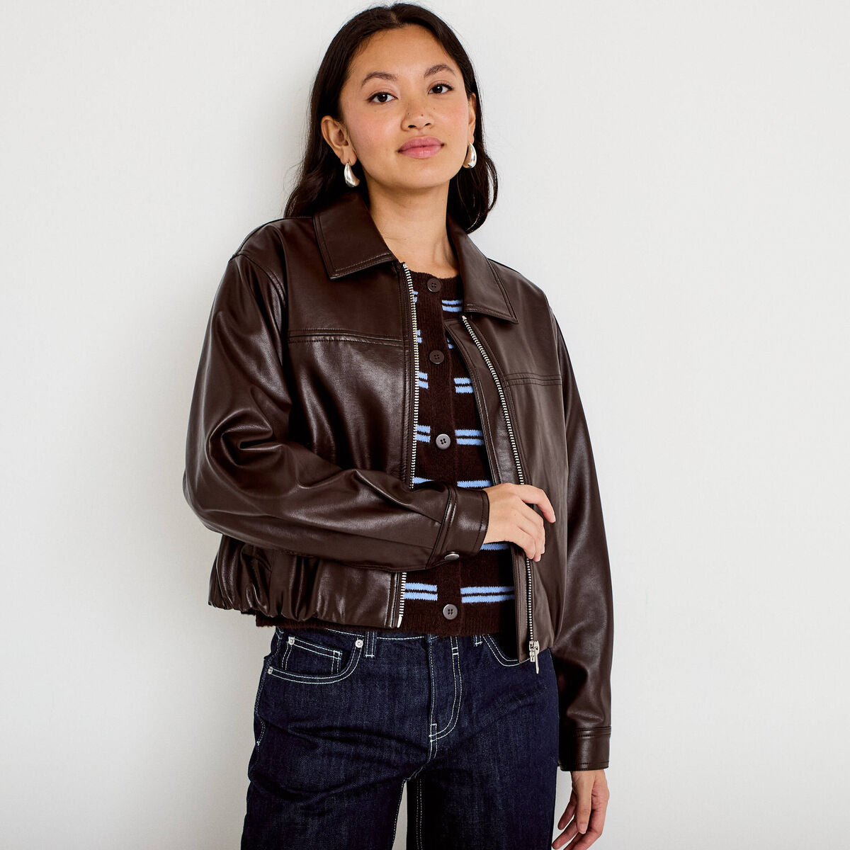 Veste effet boule manches longues marron foncé femme