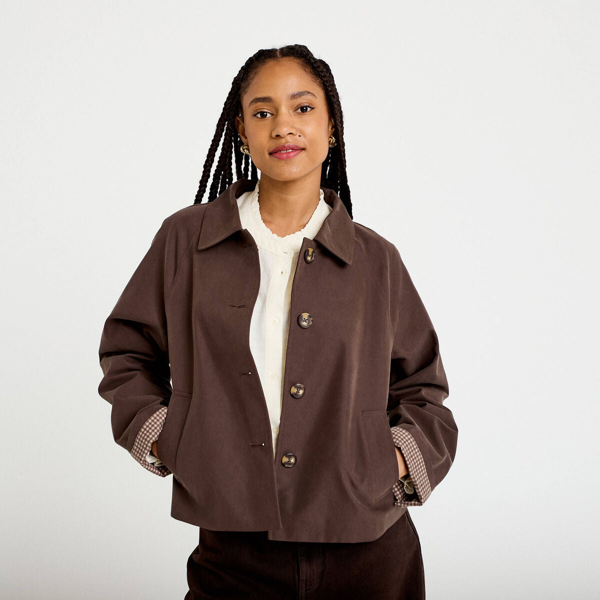 Veste courte boutonnée doublure vichy marron foncé femme