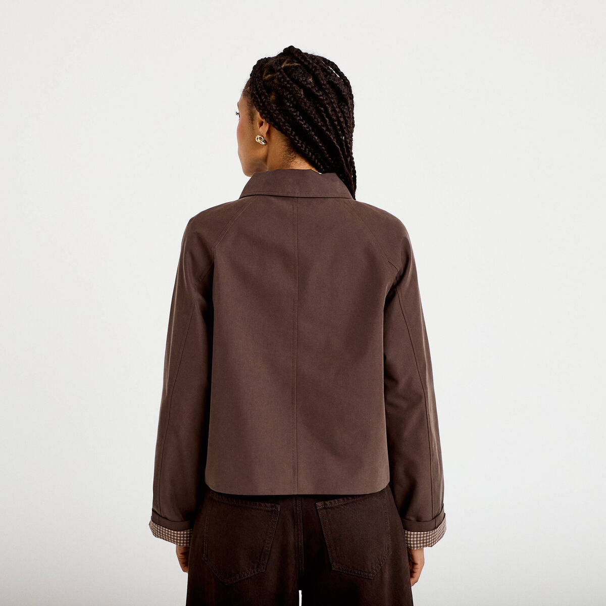 Veste courte boutonnée doublure vichy marron foncé femme