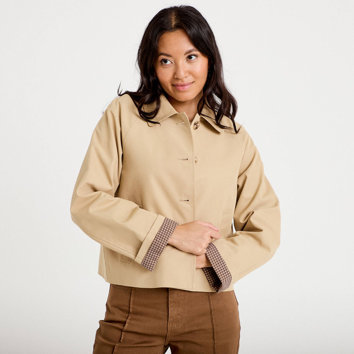 Veste courte boutonnée doublure vichy beige femme