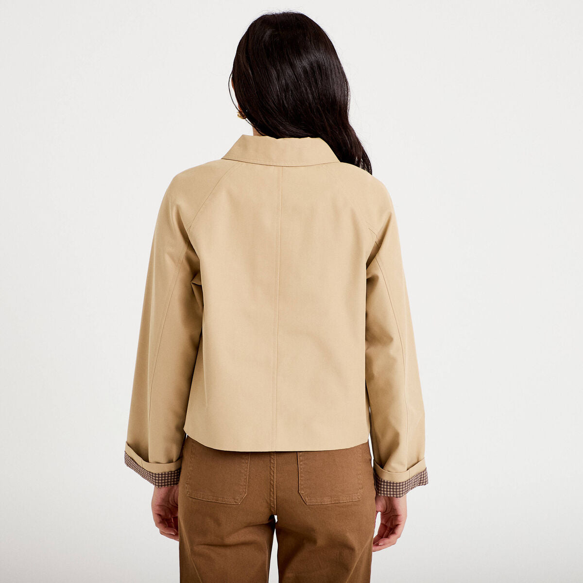 Veste courte boutonnée doublure vichy beige femme