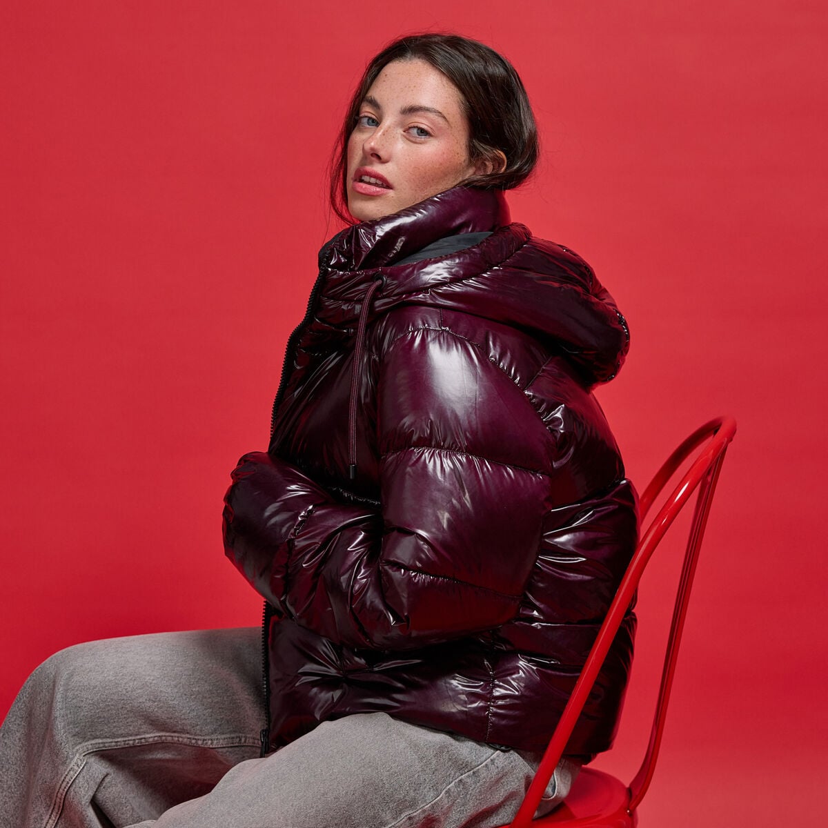 Doudoune bas resserré manches longues violet foncé femme