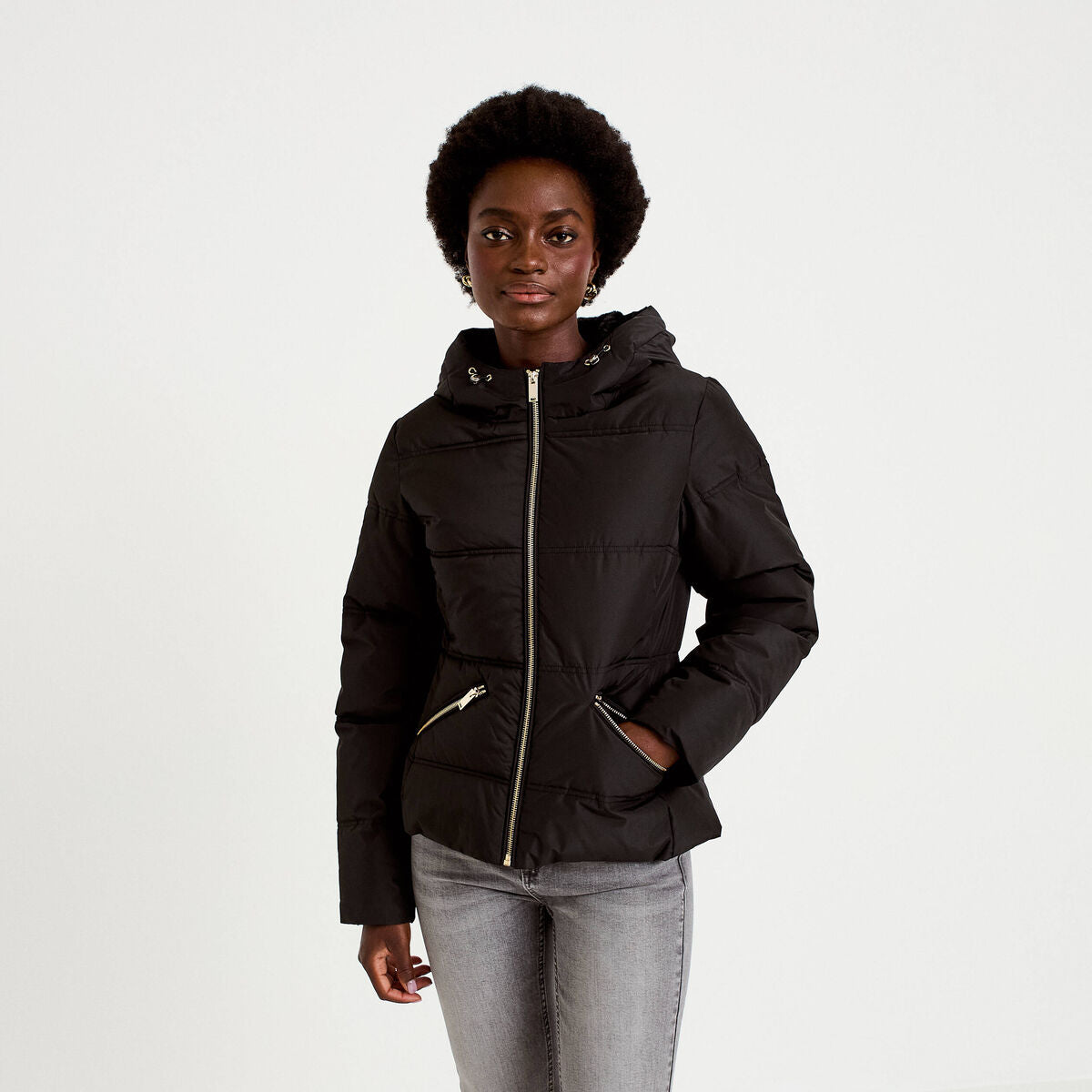 Doudoune cintrée à capuche noir femme