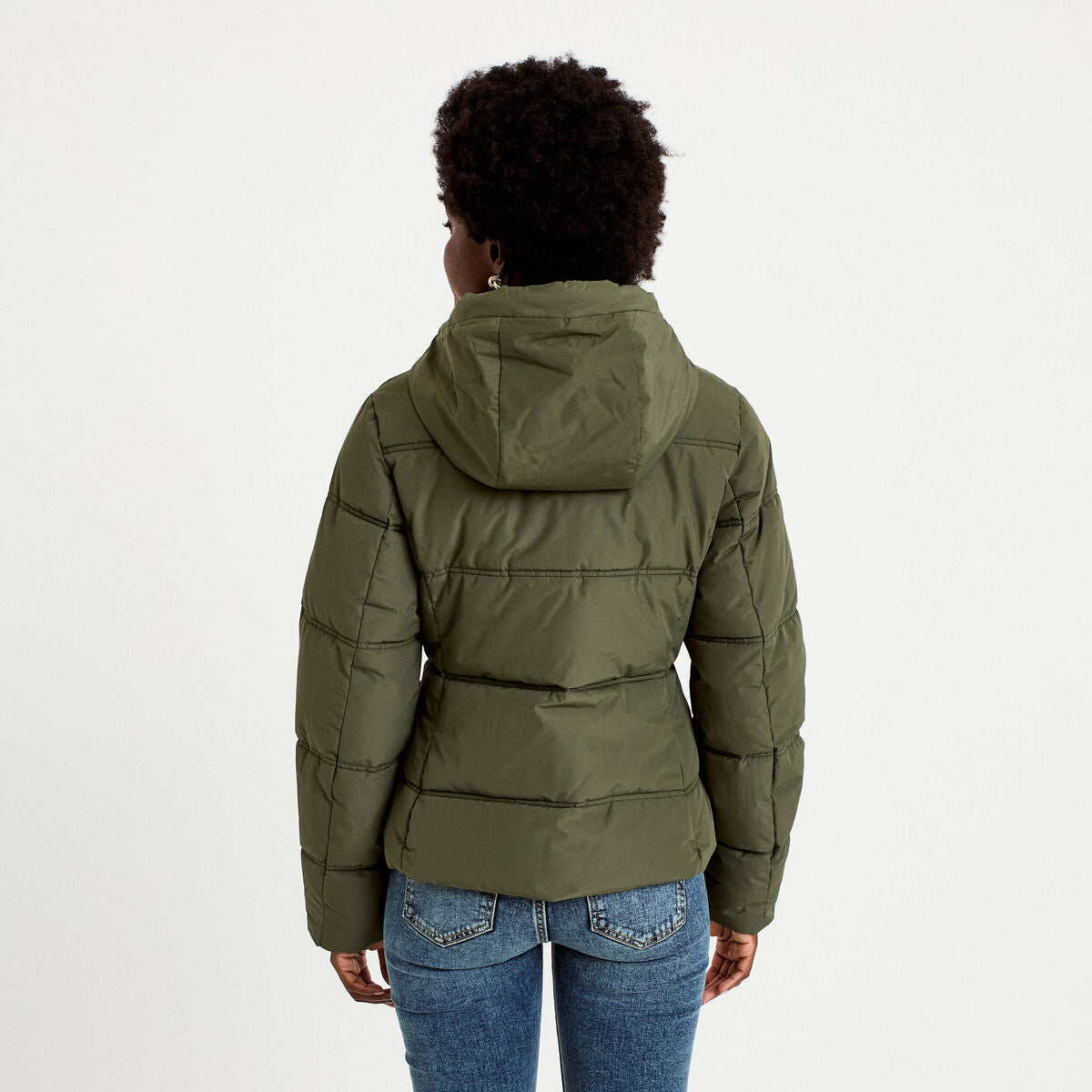 Doudoune cintrée à capuche vert kaki femme