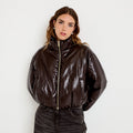 Doudoune cropped similicuir col montant marron foncé femme