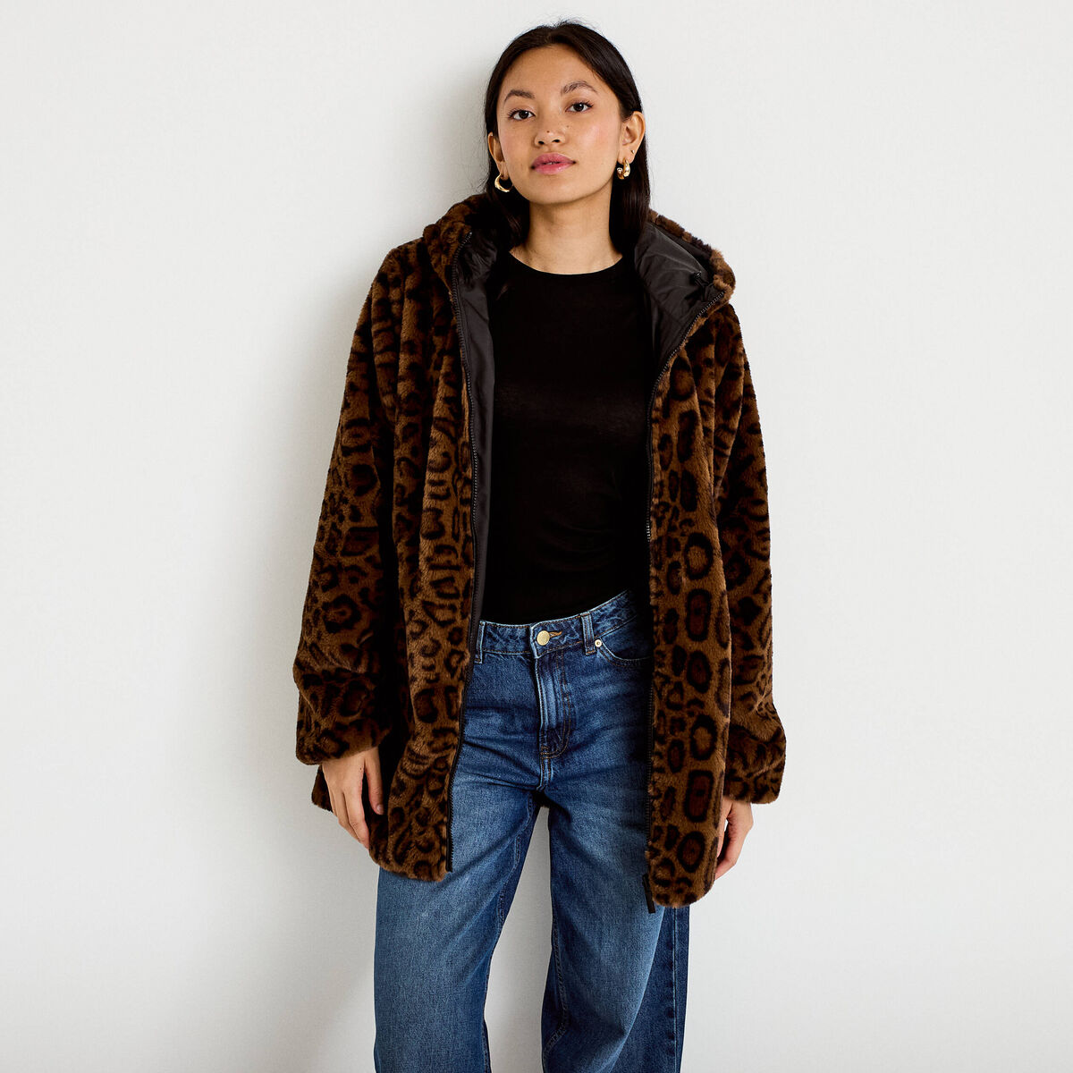 Parka réversible 3/4 à capuche noir femme