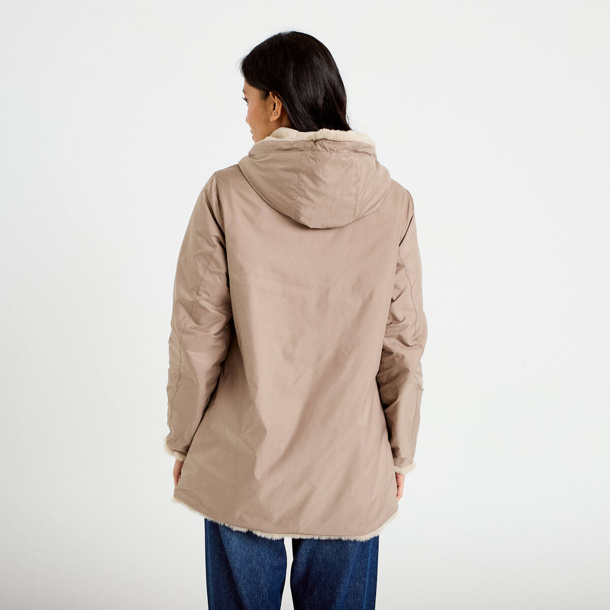 Parka réversible 3/4 à capuche beige femme
