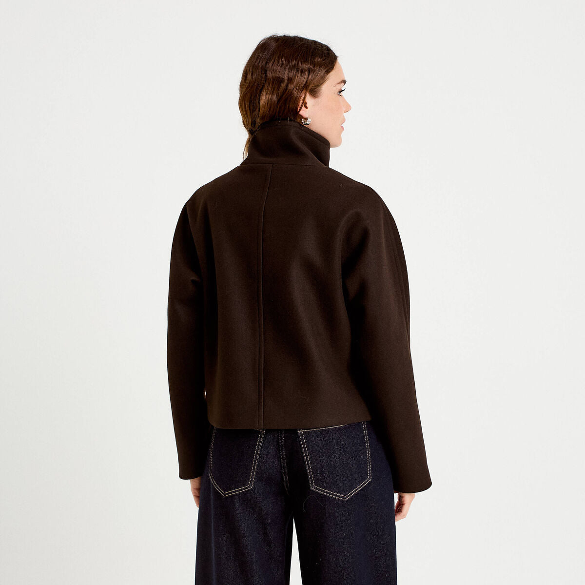 Veste chinée col montant manches longues marron foncé femme