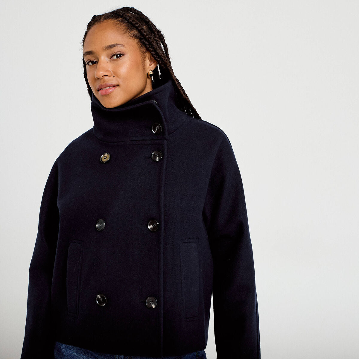 Veste chinée col montant manches longues bleu marine femme