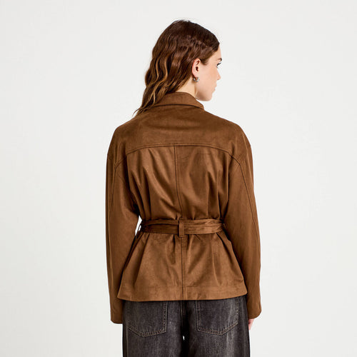Caban droit col montant aspect daim marron femme
