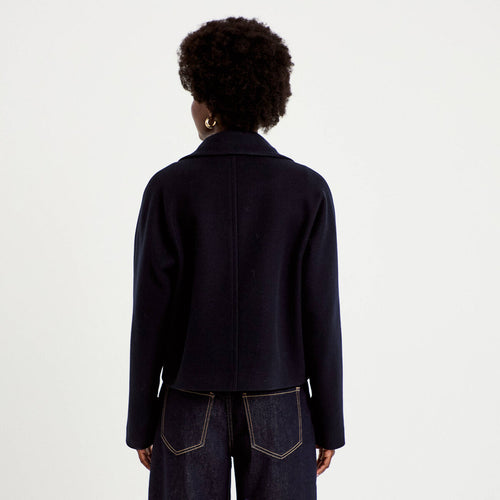Caban droit col montant manches longues bleu marine femme