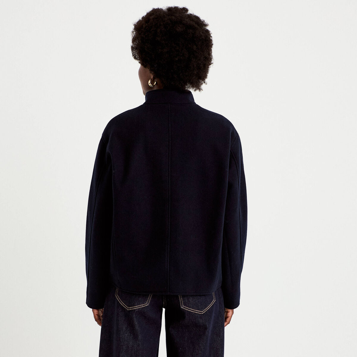 Veste droite col mao manches longues bleu marine femme